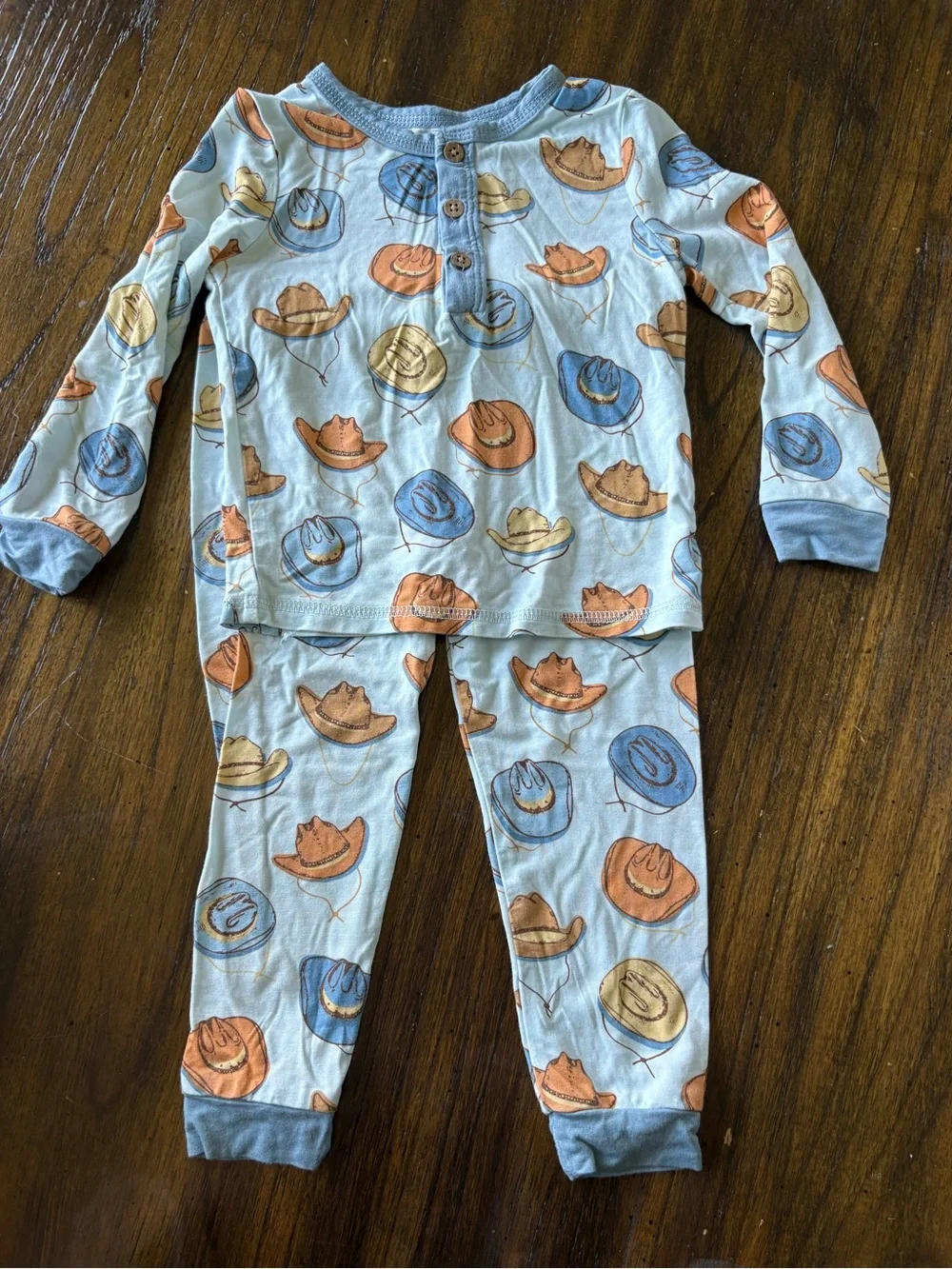 Mud Pie Light Blue Cowboy Hat Pajama Set with Orange and Tan Hats